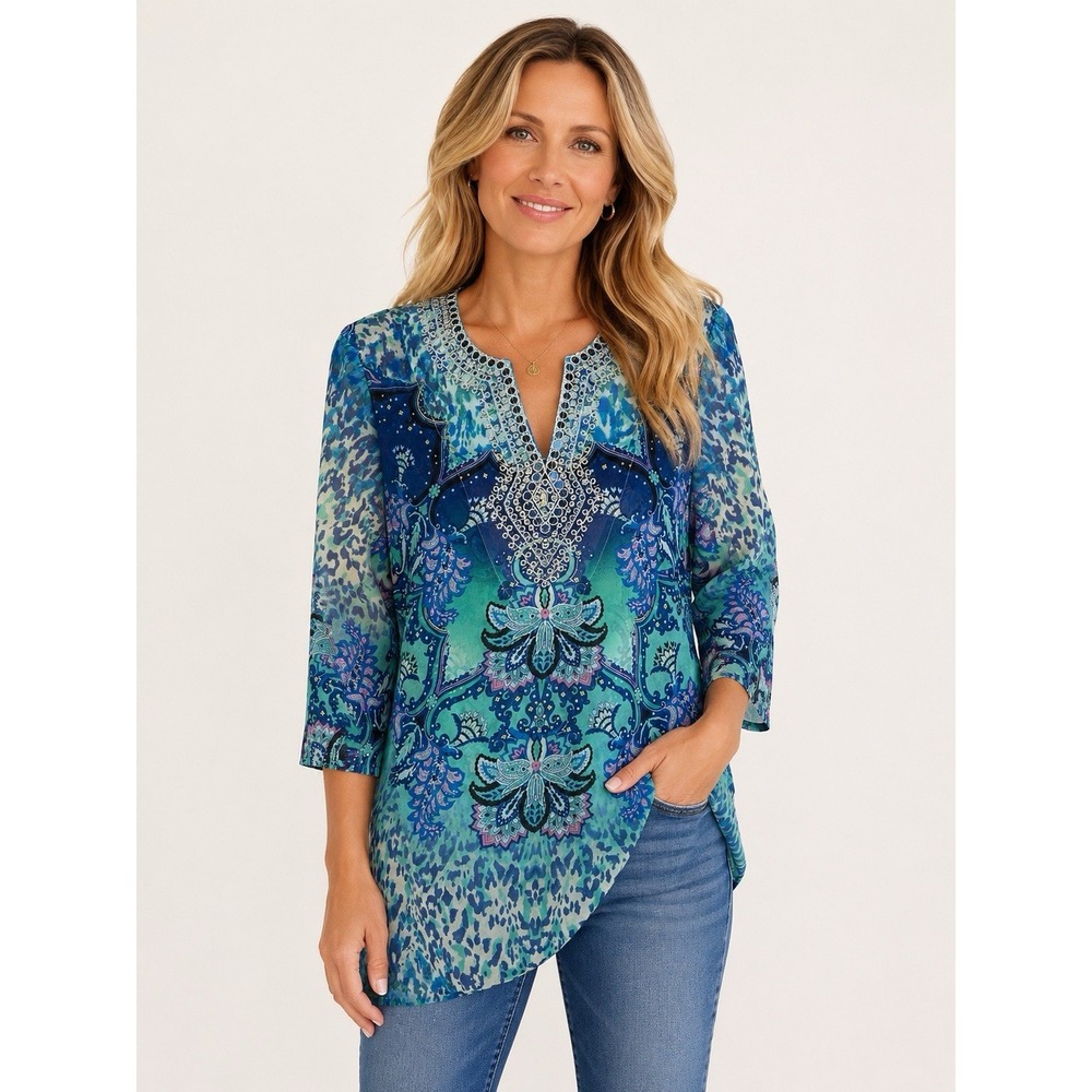 Chicos Embellished Neckline Tunic Top Size 1 - Medium 8/10 Beaded Sheer Boho